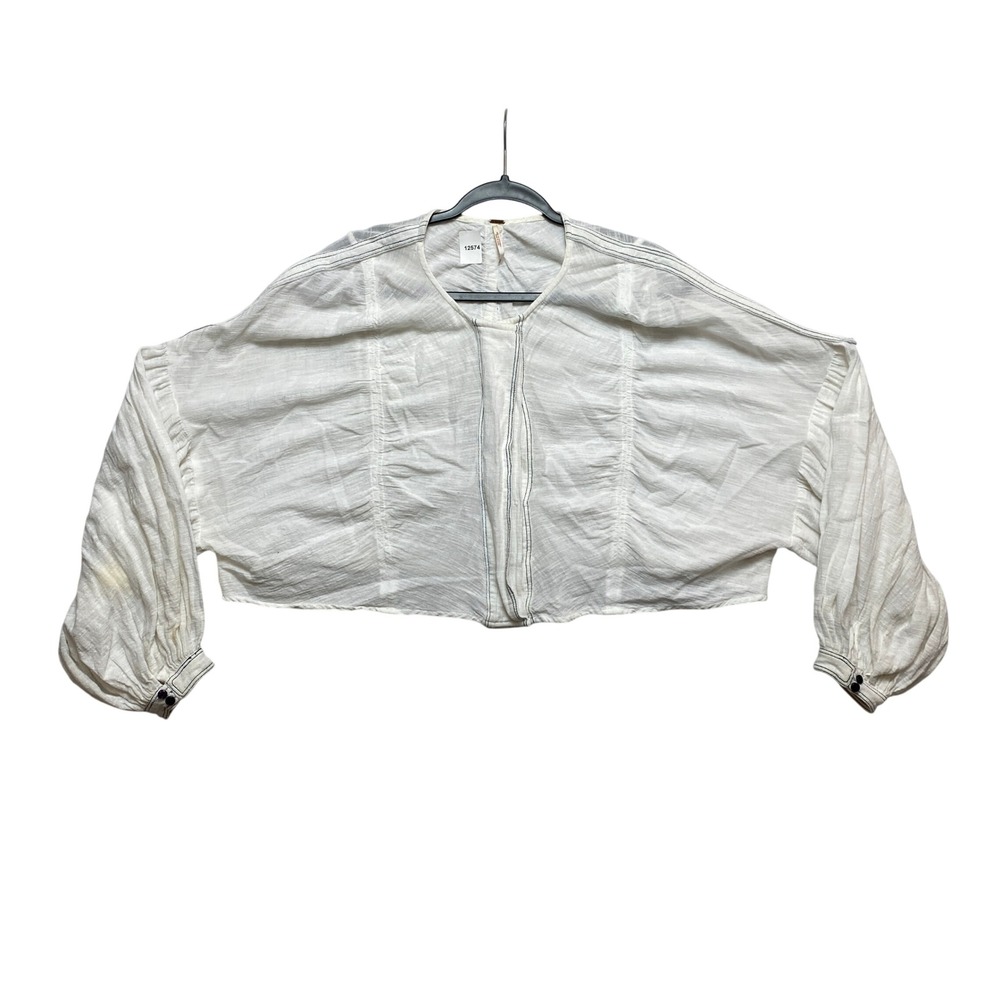 Free People Top Womens M White Gauze Boho Contrast Stitch Balloon Sleeve Cropped